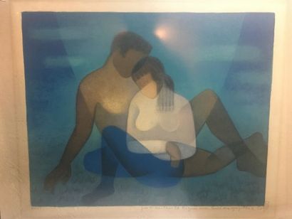 null Louis TOFFOLI (1907-1999) Lithograph showing a seated and embracing couple signed...