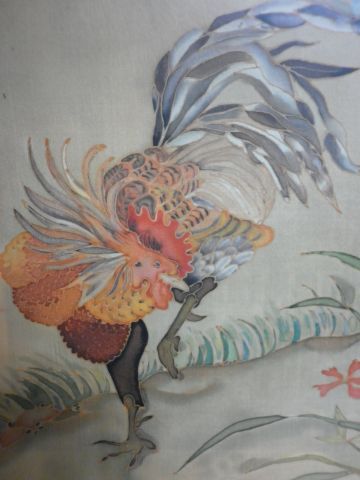 null JAPAN Gouache on silk depicting a cock 38 x 47 cm framed under glass 45.5 x...
