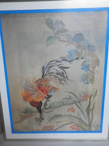 null JAPAN Gouache on silk depicting a cock 38 x 47 cm framed under glass 45.5 x...