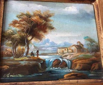 null Italian school (Guiolotti?) Oil on panel showing an animated riverside. View...