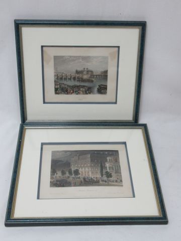 null "Pont Neuf" - "Boulevard des Italiens", lot de deux gravures en couleurs. Encadrées...