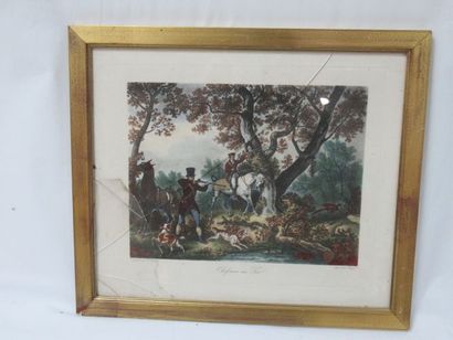 null According to Carle VERNET "Chasseur au tir" Colour engraving. Framed under glass...