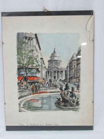 null HERBELOT "Le Panthéon et le quartier latin" Lithographie en couleurs. Signée,...