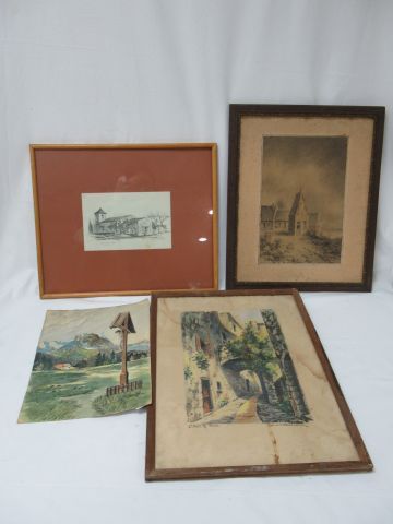 null French School of Xxe, lot including 2 watercolours and 2 drawings. From 29 to...