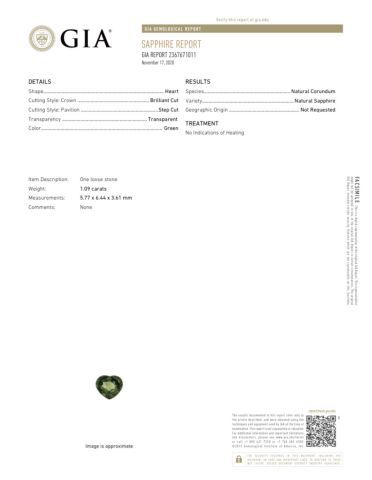 null Green sapphire heart size on paper.
Accompanied by a GIA certificate attesting...