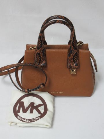null Michael KORS Handbag in brown grained leather and python style leather. 19 x...
