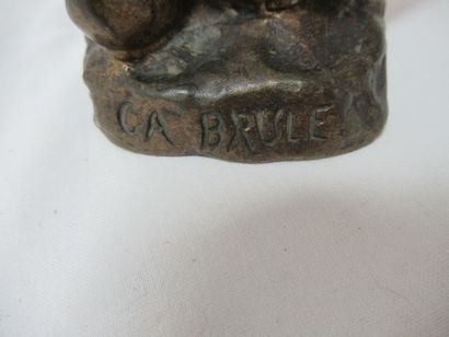 null After GOYEAU "ça brûle" bronze with brown patina. 21 cm