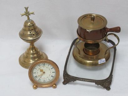 null Set including a small tray in ruler and glass, a brass table alarm clock, a...