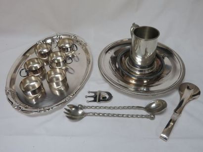 null Set in silver plated metal and stainless steel, including cutlery, cups, a tray...