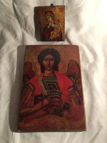 null RUSSIA Set of two icons on wood, one depicting Saint Michael (reproduction after...