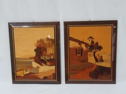 null Paire de deux panneaux en bois marqueté, figurant des paysages. 28 x 22 cm