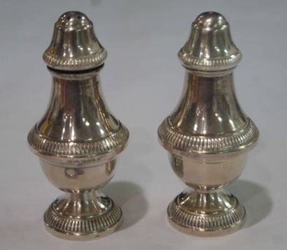 null Salt and pepper shaker in silvery metal. 10 cm (acc). A sugar tongs is atta...