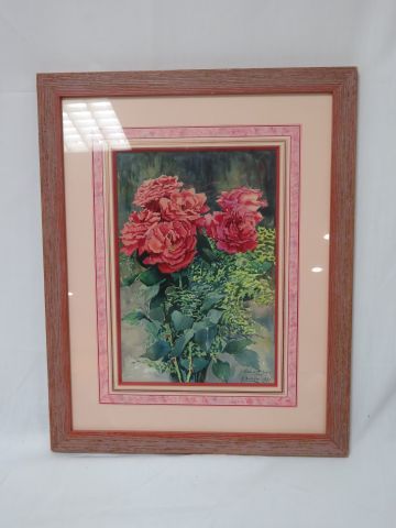 null H. BARRIERE "Nature morte aux roses" Aquarelle. Signée, datée 1931, dédicacée....