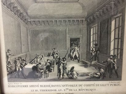 null Gravure à l'eau forte XVIIIème, "Robespierre amené blessé dans l'anti-salle...