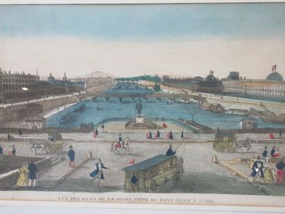 null "Vue des rives de la Seine, prise du Pont neuf". Gravure en noir, rehaussée...