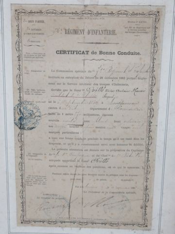 null Certificat de bonne conduite du 72e régiment d'infanterie du 16 Septembre 1882....