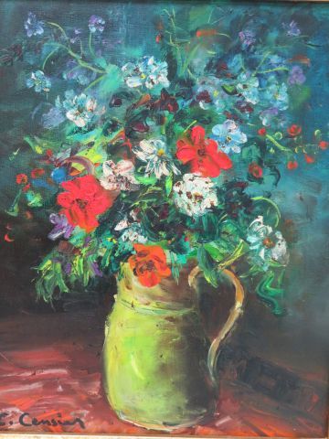 null Ecole moderne "Nature morte au bouquet". Huile sur toile. 46 x 38 cm Cadre en...