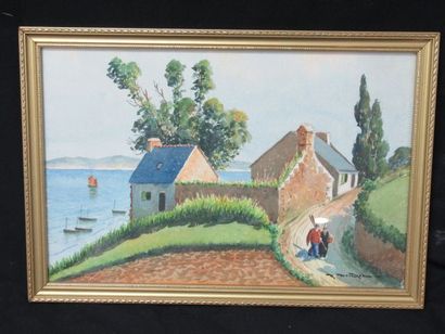 null Ecole moderne "Paysage breton" Aquarelle. 26 x 40 cm Encadrée sous verre