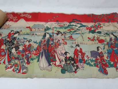 null JAPON Estampe, figurant une scène de palais. En feuille. 40 x 78 cm (manques...