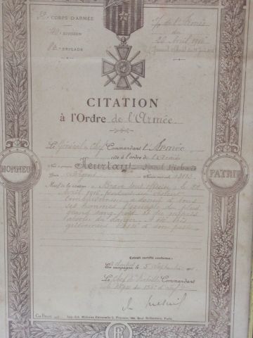 null Citation à l'ordre de l'armée du 5 Septembre 1916. Encadrée sous verre. 33 x...