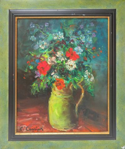 null Ecole moderne "Nature morte au bouquet". Huile sur toile. 46 x 38 cm Cadre en...