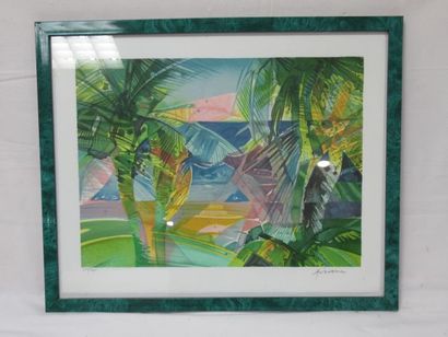 null D'après Camille HILAIRE "Paysage tropicale" Lithographie en couleurs. Signée...