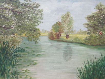null COTTEREAU "Paysage à l'étang" Huile sur panneau. 25 x 33 cm Cadre en bois n...