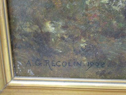 null 
A. G. RECOLIN "Scène de chasse" Huile sur toile, signée et datée 1902. 52 x...