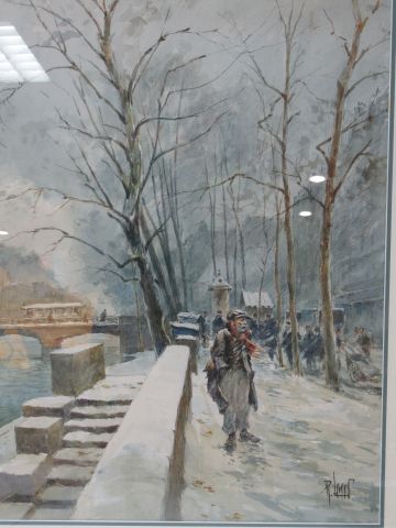 null 
René LEVERD (Hesdin, 1872 – Paris, 1938)
Bord de Seine animé à Paris en hiver
Plume,...