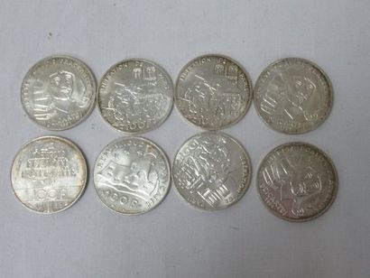 null Lot de 8 pièces de 100 francs en argent (1994, 1991, 1988, 1991). Poids : 121...