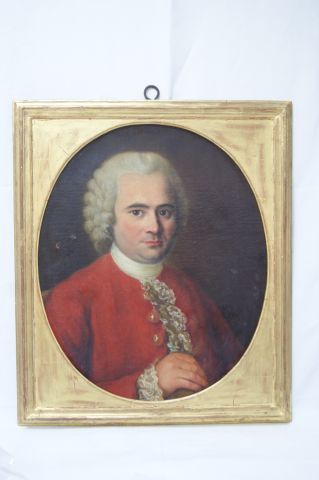 null Ecole française du XVIIIe siècle "Portrait d'homme à la redingote rouge" Huile...