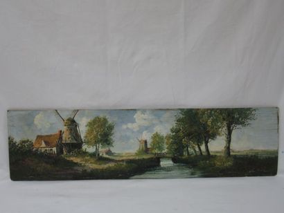  LATEST OF THE XIXth CENTURY, "Landscape with mills", oil on wood panel signed lower...