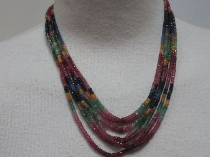 null Necklace with ruby, emerald and sapphire beads. Adjustable length.
