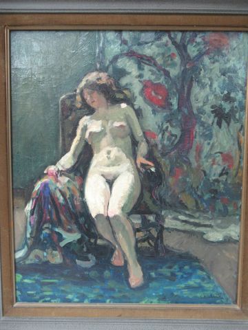  Jean-Laurent Challié (1880-1943) 
"Nu à la tenture" 
Huile sur toile, SBD 
55 x...
