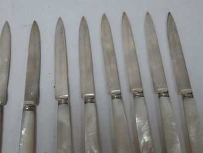  12 fruit knives, silver blades, mother-of-pearl handles. Gross weight : 458 g