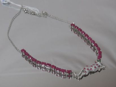 Silver necklace, decorated with rubies and...