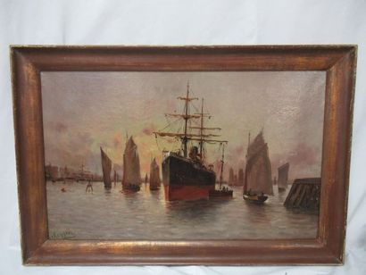 null L. REGGIOSI, "Fishing boats" Oil on canvas, signed lower left. 38 x 61 cm. (Restorations)....