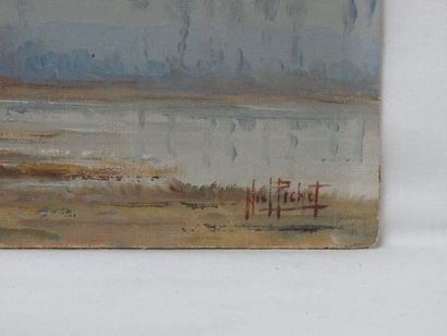 null PICHET, "Paysage", huile sur toile contre collée sur carton, signé en bas à...