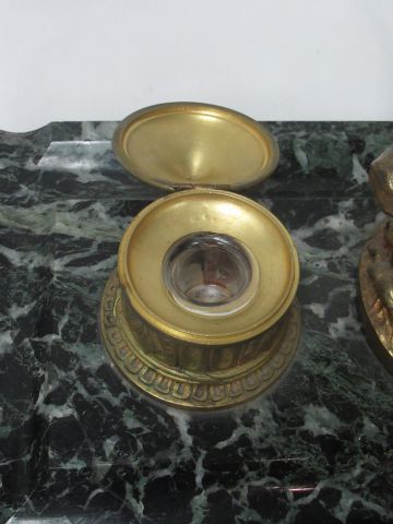 null Important marble and bronze inkwell, decorated with a sculpture of Hermes on...