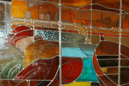  After Thierry Gilodez "Sénénité" Stained glass window of curved form, made of 3...