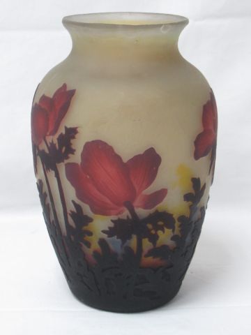  MULLER Freres (Lunéville) Glass vase with acid-etched decoration showing plants...