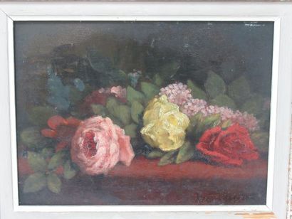 null Ecole du début XXe "Nature morte au bouquet " huile sur panneau , porte une...