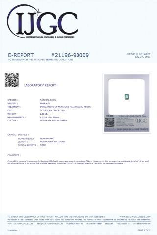  Emerald, 2.08 carats. With its certificate (IJCC): treated, with inclusions.