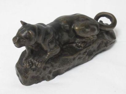  After Antoine Louis BARYE ( 1795-1875) " Panther lying down " , bronze with brown...