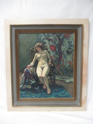  Jean-Laurent Challié (1880-1943) 
"Nude with a hanging 
Oil on canvas, SBD 
55 x...