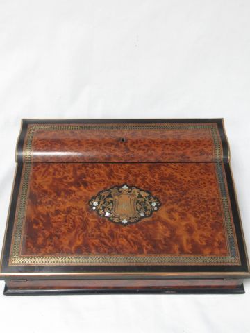 null Wooden traveller's writing case decorated with a brass and mother of pearl cartouche....