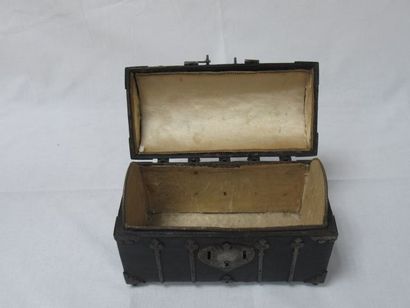 null Wooden box with leather covering and ironwork decoration. 18th-19th century....