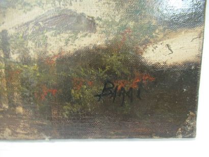 null BARAT "Paysage animé" HST, SBD. 36 x 46 cm (manques picturaux)