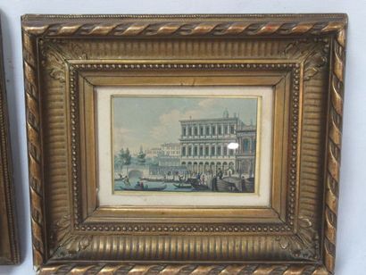 null Paire de gravures réhaussées à l'aquarelle figurant des vues de Venise, 9 x...