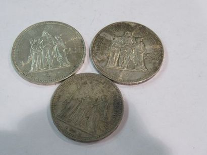 null Lot de pièces en argent Hercule, comprenant 5 francs 1873 (usée) et 2 pièces...